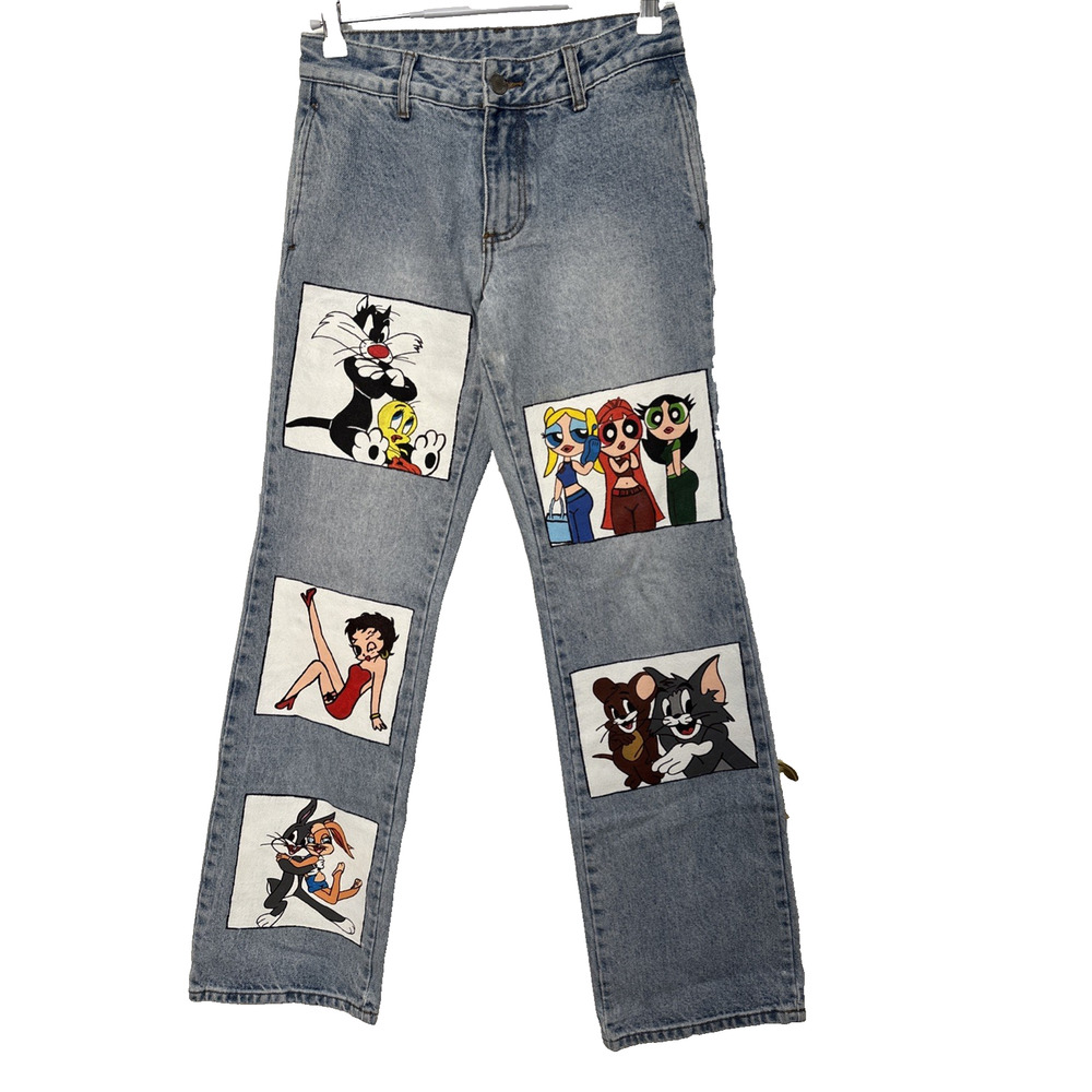 J. Galt Women's Sm Light Wash Jeans Cartoon Mid Rise‎ Wide Leg Urban Streetwear